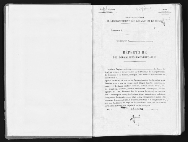 Conservation des hypothèques de CORBEIL. - Répertoire des formalités hypothécaires, volume n° 608 : A-Z (registre ouvert en 1938). 