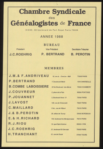 Seine [Département]. - Liste des membres du bureau de la Chambre syndicale des généalogistes de France (1988). 