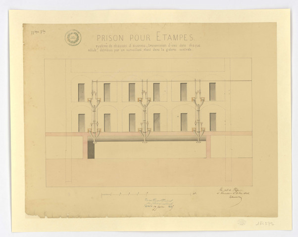 Plan de la prison d'ETAMPES : système de chasses d'aisances, transmission d'eau dans chaque cellule, distribuée par un surveillant de la galerie centrale, feuille 11, 1845. Ech. 19,9 cm = 10 m. Coul. Dim. 0,44 x 0,56. 