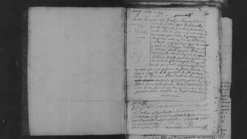 SOUZY-LA-BRICHE. Paroisse Saint-Martin de Souzy : Baptêmes, mariages, sépultures : registre paroissial (1668-1674, 1696-1765). [Lacunes : B.M.S. (1715-1717, 1723-1725)]. 