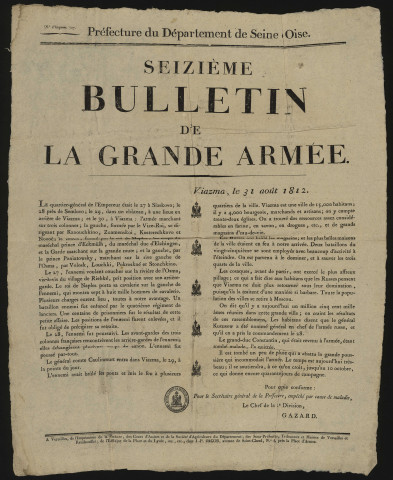 Seine-et-Oise [Département]. - Seizième bulletin de la Grande Armée, 31 août 1812. 