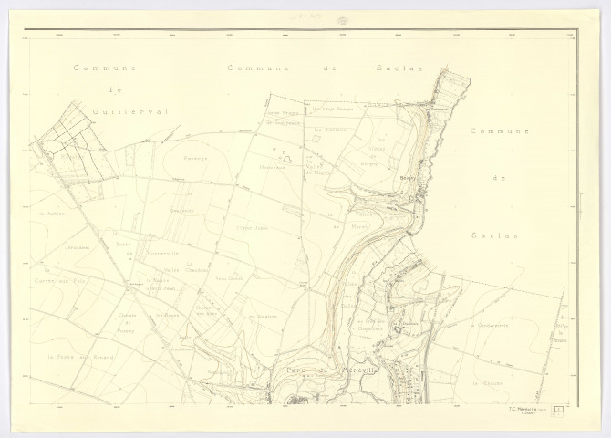 Plan topographique du territoire communal de MEREVILLE dressé et dessiné par R. RAPIN, géomètre-expert, feuille 2, Ministère de la Construction, 1961. Ech. 1/5 000. N et B. Dim. 0,74 x 1,04. 