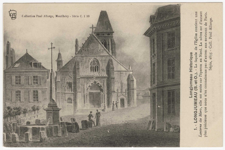 LONGJUMEAU. - La façade de l'église et la place (d'après dessin de 1835). Collection Paul Allorge, dessin. 