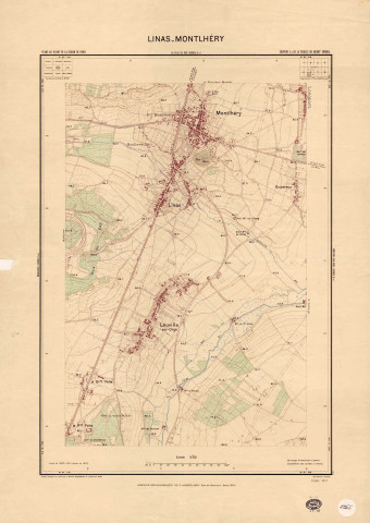 Plan de LINAS - MONTLHERY, coupure 6 - C de la feuille au 50 000 CORBEIL. Levés de 1900 - 1901, révisés en 1933, dressé, héliogravé et publié par le Service géographique de l'armée, en 1934. Ech. 1/10 000. Coul. Dim. 0,74 x 0,53. [mauvais état] 