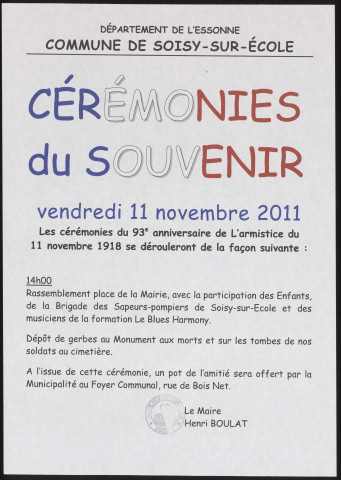 SOISY-SUR-ECOLE.- 93ème anniversaire de l'armistice du 11 novembre 1918, Foyer communal, 2011. 