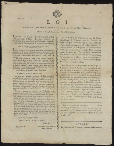 ETAMPES.- Lettre écrite à l'Assemblée nationale par la Dame Simonneau, veuve du Maire d'Etampes, 30 mars 1792. 