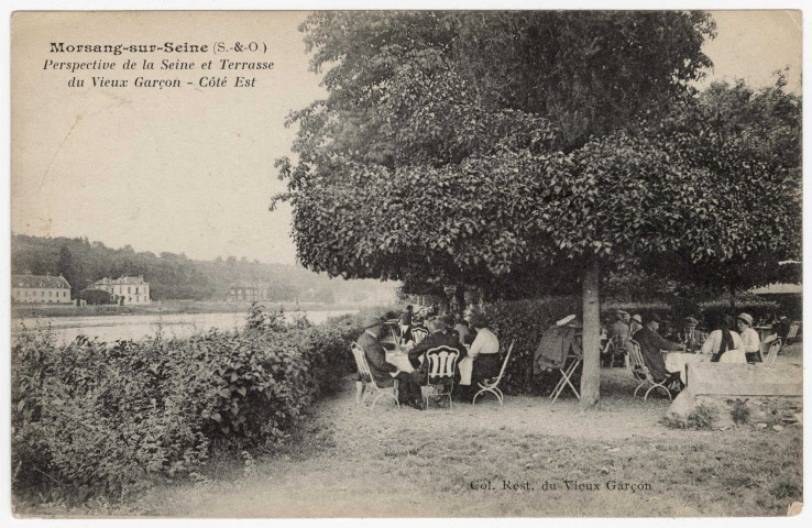 MORSANG-SUR-SEINE. - Perspective de la Seine et terrasse du Vieux Garçon. Côté est [Collection restaurant du Vieux Garçon, 1921, timbre à 15 centimes ]. 
