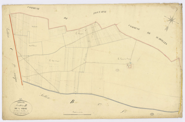 ABBEVILLE-LA-RIVIERE. - Section B - Orme (l'), 1, ech. 1/2500, coul., aquarelle, papier, 67x104 (1831). 