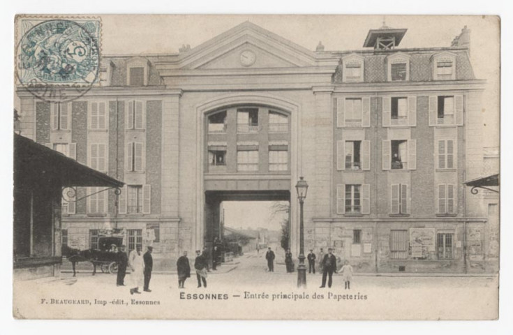 ESSONNES. - Entrée principale des papeteries, Beaugeard, 1905, 2 mots, 5 c, ad. 