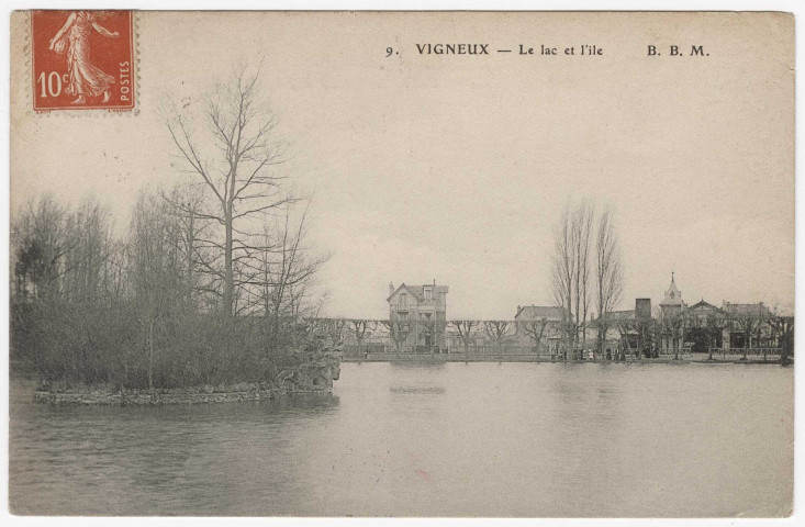VIGNEUX-SUR-SEINE. - Le lac et l'île [Editeur BBM, 1908, timbre à 10 centimes]. 
