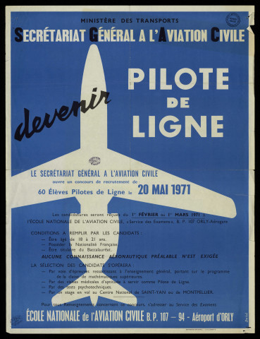 Essonne [Département]. - Devenir pilote de ligne. Concours de recrutement de 60 élèves pilotes de ligne (1971). 