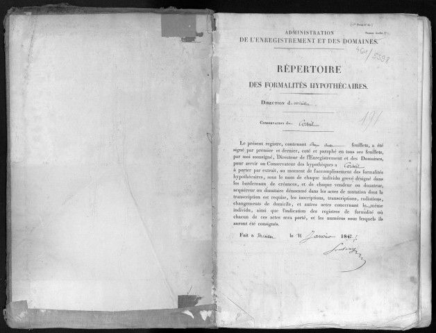 Conservation des hypothèques de CORBEIL. - Répertoire des formalités hypothécaires, volume n° 191 : A-Z (registre ouvert en 1842). 