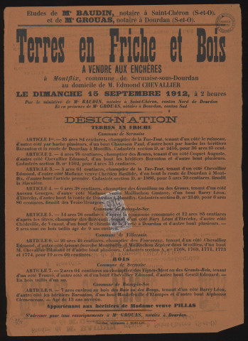 SERMAISE, BOISSY-LE-SEC, VILLECONIN.- Vente aux enchères de terres en friches et bois appartenant aux héritiers de Mme Veuve PILLAS, 15 septembre 1912. 