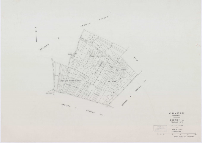 ORVEAU, plans minutes de conservation : tableau d'assemblage, 1934, Ech. 1/5000 ; plans des sections A1, A2, A3, B, C1, C2, C3, D, 1934, Ech. 1/1250, section E, 1951, Ech. 1/2000, sections Z, ZA, ZB, 1963, Ech. 1/2000. Polyester. N et B. Dim. 105 x 80 cm [13 plans]. 