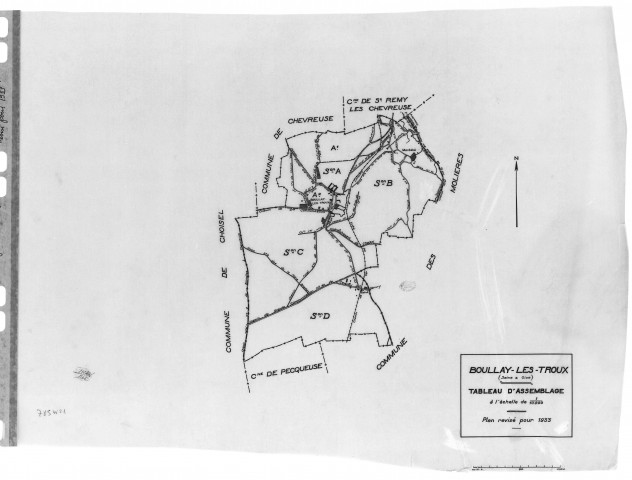 BOULLAY-LES-TROUX .- Cadastre révisé pour 1933 : plan du tableau d'assemblage, plans de la section A les Troux 1ère feuille, idem 2ème feuille, section B Montabé, section C le Pré-Hainault, section D la Plaine du Fay ; cadastre révisé pour 1933 mis à jour pour 1968 : plan du tableau d'assemblage, plans de la section A les Troux 1ère feuille, idem 2ème feuille, section B Montabé, section C le Pré-Hainault ; cadastre révisé pour 1968 : plans de la section ZA, section ZB, [13 plans]. 