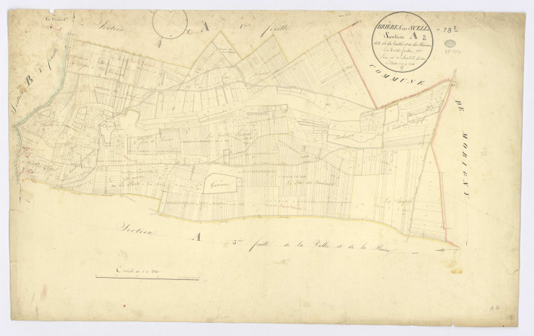 BRIERES-LES-SCELLES. - Section A - Vallée (la) et la Plaine, 2ème feuille, ech. 1/2500, coul., aquarelle, papier, 63x99 (1824). 