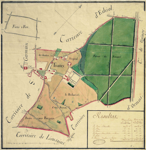 TIGERY. - Plans d'intendance. Plan, Ech. 1/160 perches, Dim. 50 x 50 cm, [fin XVIIIe siècle]. 