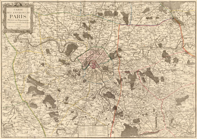 Carte des environs de PARIS divisés en départements, préfectures et sous-préfectures, PARIS, 1808. Ech. 8,8 cm = 4 lieues de 2 000 toises. Sur toile. Coul. Dim. 0,755 x 0,535. 