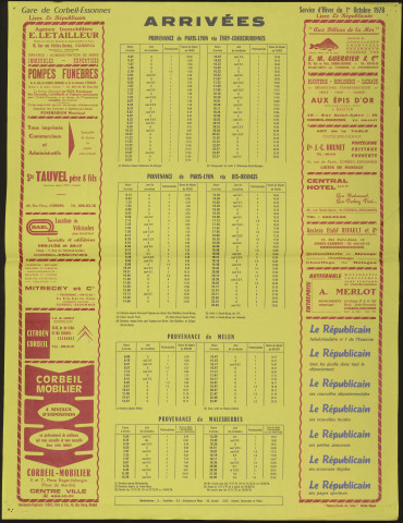 Le Républicain [quotidien régional d'information]. - Arrivées des trains en gare de Corbeil-Essonnes, à partir du 1er octobre 1978 [service d'hiver] (1978). 