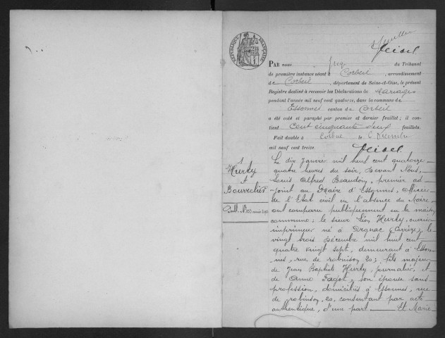 ESSONNES.- Mariages : registre d'état civil. 