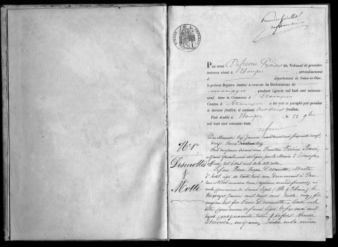 ETAMPES. Mariages : registre d'état civil (1869). 