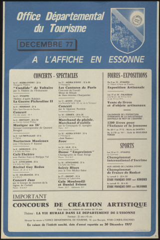 EVRY. - A l'affiche en Essonne : programme culturel, Comité départemental du tourisme, décembre 1977. 