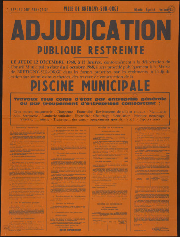 BRETIGNY-SUR-ORGE. - Adjudication publique restreinte, sur soumissions cachetées, des travaux de construction de la piscine municipale, 12 décembre 1968. 