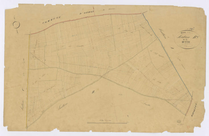 BOISSY-LA-RIVIERE. - Section B - Butte (la), 1, ech. 1/2500, coul., aquarelle, papier, 66x101 (1831). 