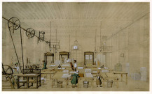 CORBEIL-ESSONNES.-La papeterie d'Essonnes, la fabrication du papier : salle de façonnage (satineuse et massicot), par A. Maugendre, 1846, Coul. Dim. 37 x 55 cm. [2 exemplaires]. 