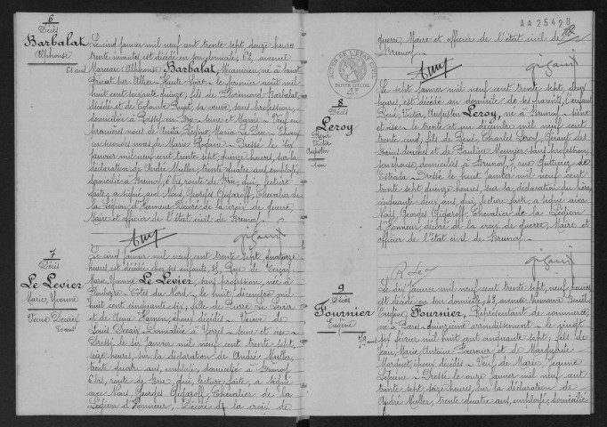 BRUNOY.- Décès : registre d'état civil (1937). 