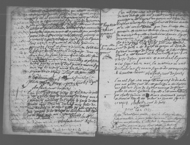 SOUZY-LA-BRICHE, paroisse Saint-Leu-Saint-Gilles de LA BRICHE. - Registres paroissiaux : baptêmes [1651-1686], mariages [1651-1684], sépultures [1652-1686, 1749-1772], baptêmes, mariages, sépultures [1687-1700, 1702-1717, 1720-1732, 1739-1747, 1748], baptêmes, mariages [1749-1770] ; paroisse Saint-Martin de SOUZY : baptêmes, mariages, sépultures [1700-1702, 1702-1719, 1703, 1720-1736, 1736-1747, 1748], baptêmes, mariages [1749-1783], sépultures [1749-1769] [documents originaux conservés aux Archives départementales de l'Essonne, cotes E dépôt 25/2 E 1-5]. 