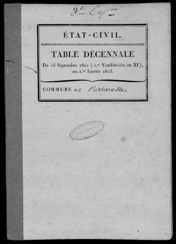 RICHARVILLE. Tables décennales (1802-1902). 