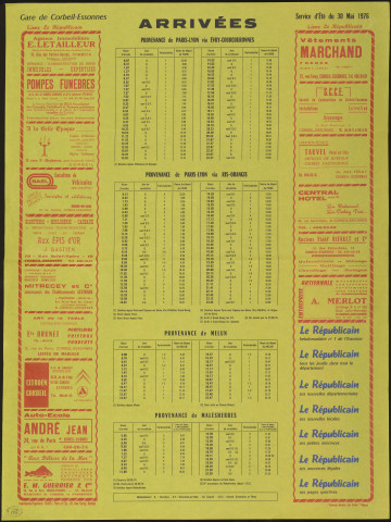 Le Républicain [quotidien régional d'information]. - Arrivées des trains en gare de Corbeil-Essonnes, à partir du 30 mai 1976 [service d'été] (1976). 