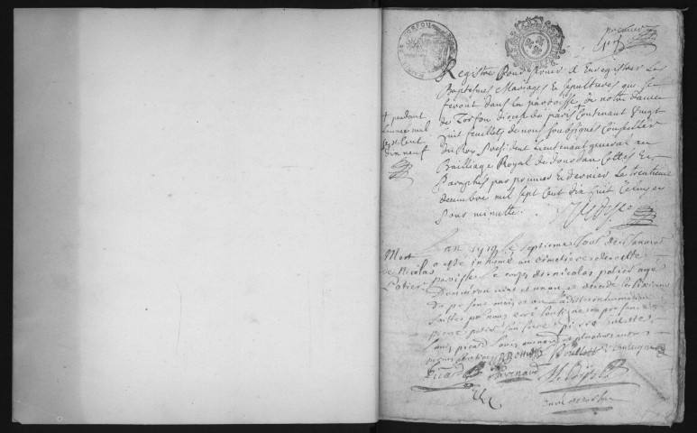 TORFOU - Registres paroissiaux. - Registre des baptêmes, mariages et sépultures (1719 - 1734). 