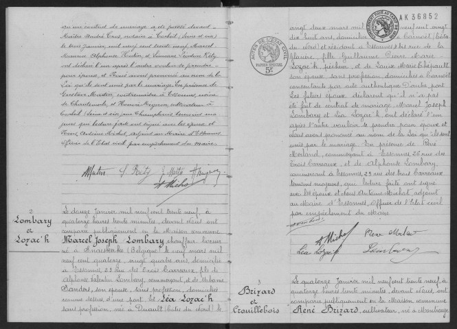 ESSONNES.- Mariages : registre d'état civil. 