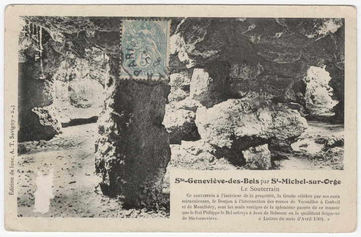 SAINTE-GENEVIEVE-DES-BOIS. - Le souterrain : grotte et eau souterraine [Editeur Thévenet, timbre à 5 centimes, 1B43/1]. 