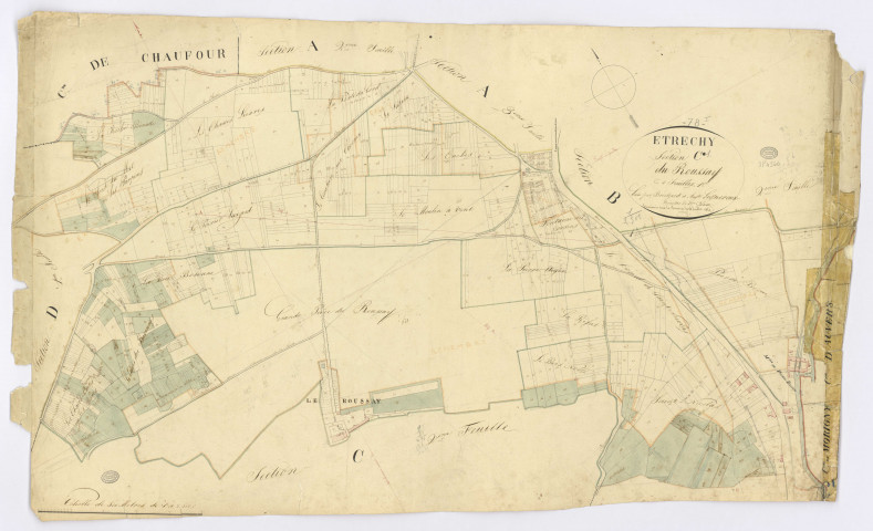 ETRECHY. - Section C - Roussay (le), 1, ech. 1/2500, coul., aquarelle, papier, 61x102 (1825). 
