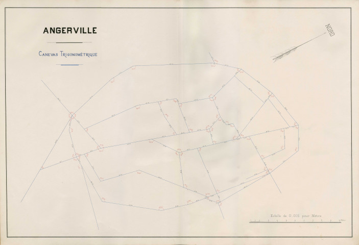 ANGERVILLE. - Plan d'alignement et canevas trigonométrique : le bourg et les hameaux de Ouestreville et de Villeneuve, mentionnant le noms des propriétaires de maisons et comportant la liste des alignements concernés. Ech. 0,001 pour mètre.