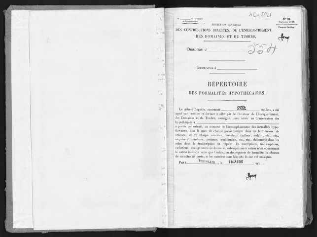 Conservation des hypothèques de CORBEIL. - Répertoire des formalités hypothécaires, volume n° 554 : A-Z (registre ouvert en 1930). 