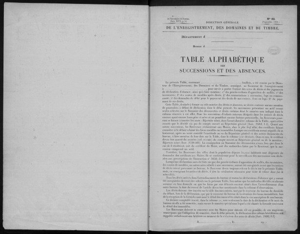 ARPAJON, bureau de l'enregistrement. - Tables alphabétiques des successions et des absences.- Vol. 19, 1926 - 1932. 