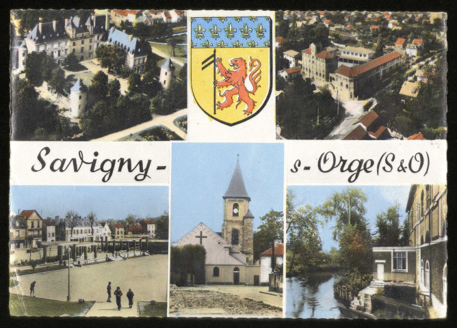 SAVIGNY-SUR-ORGE. - Le château, vue partielle, place et pergolas, église Saint-Martin, bords de l'Orge. (Edition Combier, 1 timbre à 30 centimes, couleur.) 