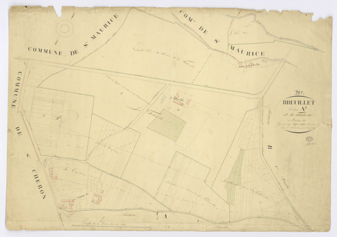 BREUILLET. - Section A - Tuilerie (la), 1ère feuille, ech. 1/1250, coul., aquarelle, papier, 70x99 (1825). 