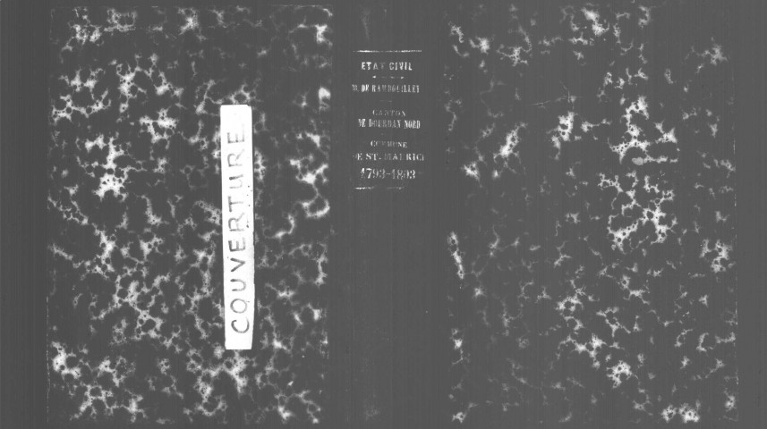 SAINT-MAURICE-MONTCOURONNE. Naissances, mariages, décès : registre d'état civil (1793-an XIII). [mariages (an VII et les six premiers mois de l'an VIII), voir 4E917-918. N.M.D. (an XII), voir début 4E2594. Nota bene : publications de mariages (an IV)]. 