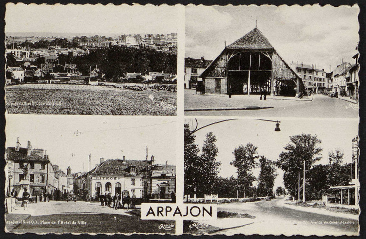 Arpajon.- Vue générale, la halle, place de l'hôtel de ville, avenue du Général Leclerc [1940-1950]. 