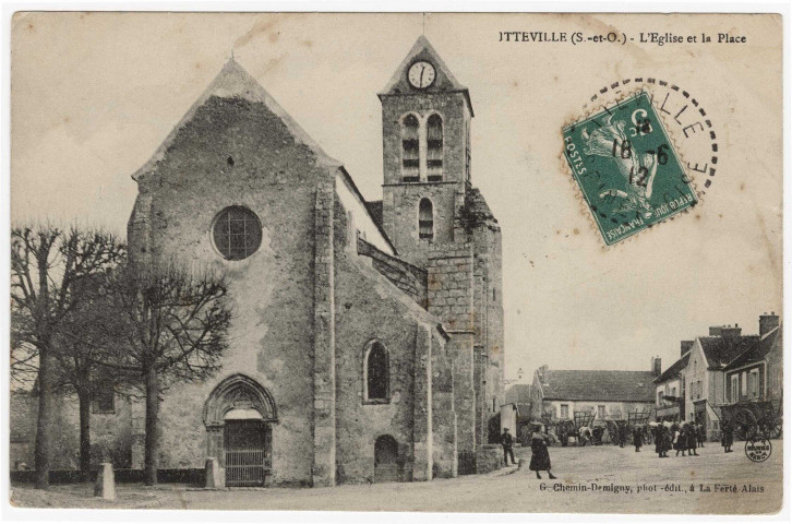 ITTEVILLE. - L'église et la place. Chemin-Demigny (1912), 1 mot, 5 c, ad. 