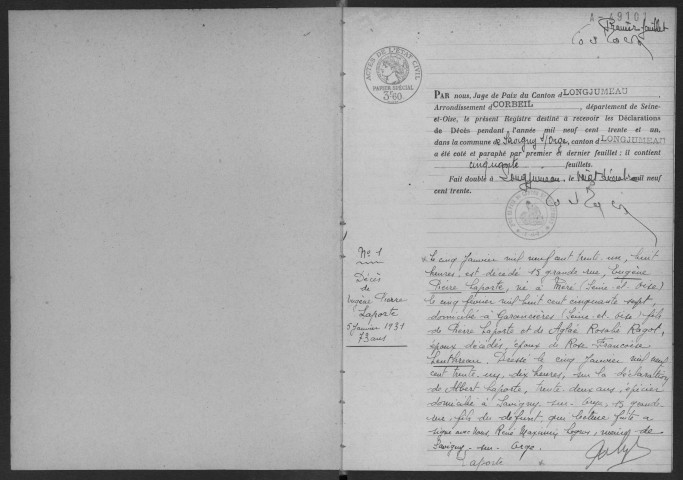 SAVIGNY-SUR-ORGE. - Décès : registre d'état civil.