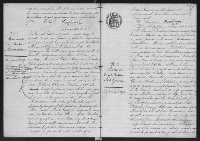 VILLEBON-SUR-YVETTE.- Naissances, mariages, décès : registre d'état civil (1893-1899). 