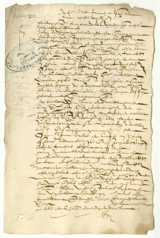 N° 4 - Contrat de mariage entre François DUTEIL, vigneron demeurant à EGLY, fils de défunts (lacune) et (lacune), et, (lacune), fille de Cristophe RAGUANE, laboureur demeurant à Villouvette, paroisse dudit EGLY et de Marie GOUDARD. Dot du futur époux : du linge de maison, draps, nappes, habits, un coffre en chêne, la quantité d'un setier de blé-métail et un quartier de vigne au vignoble de SAINT-YON, chantier des Ormettains / Ormetins. Douaire du futur époux : 30 livres tournois [acte sans signature] (6 janvier 1603).