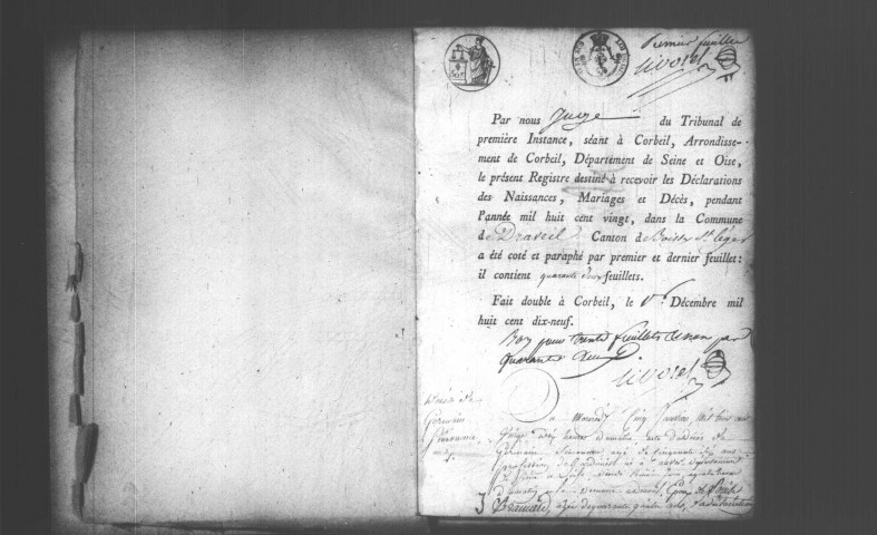 MAINVILLE (DRAVEIL). Naissances, mariages, décès : registre d'état civil (1820-1825). 