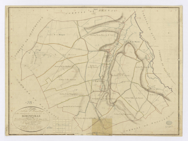 BOIGNEVILLE. - Plan d'assemblage, ech. 1/10000, coul., aquarelle, papier, 48x65 (1814). 